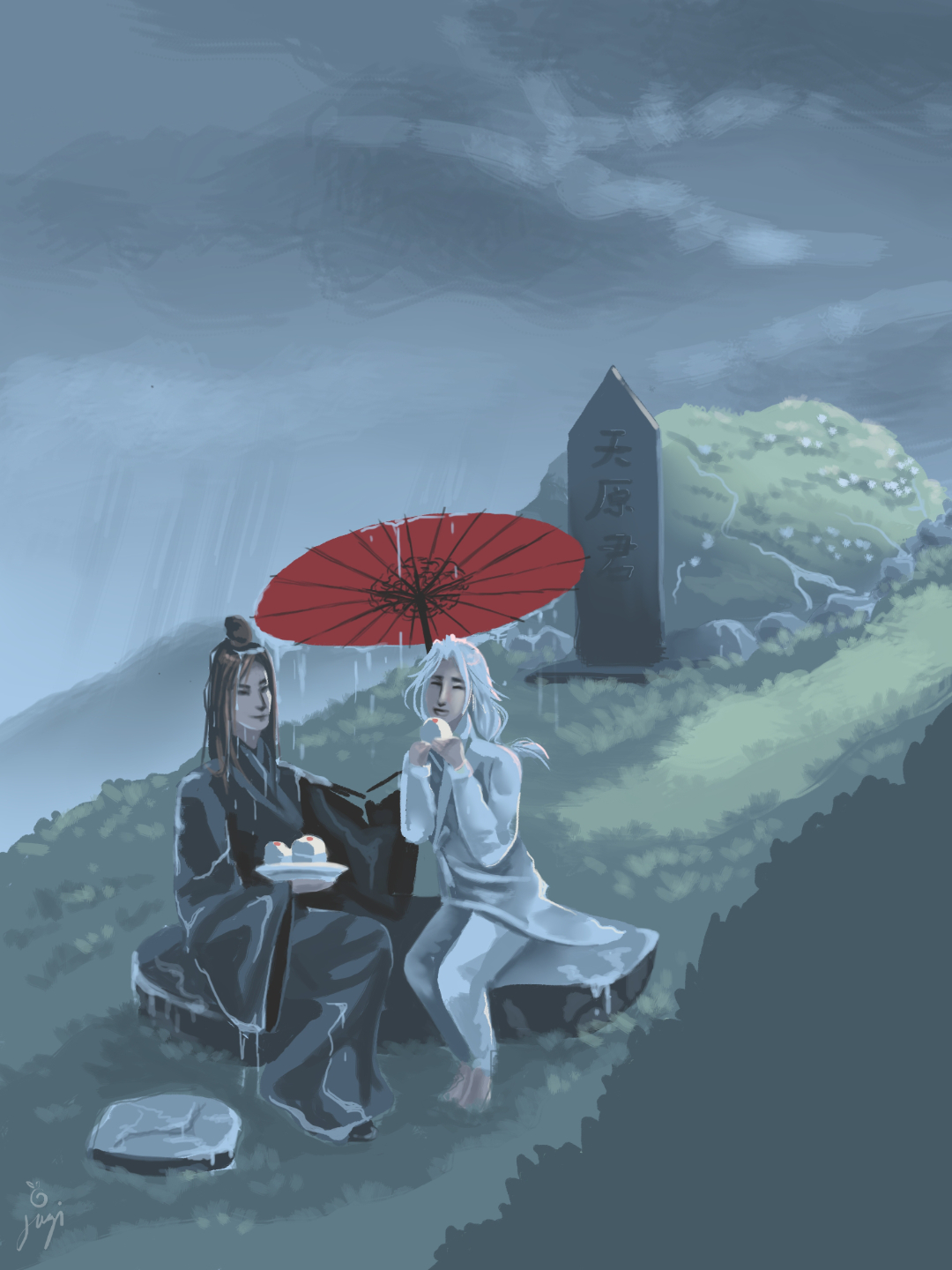 Euan and Denari from Sun Slayer sitting beneath a red parasol