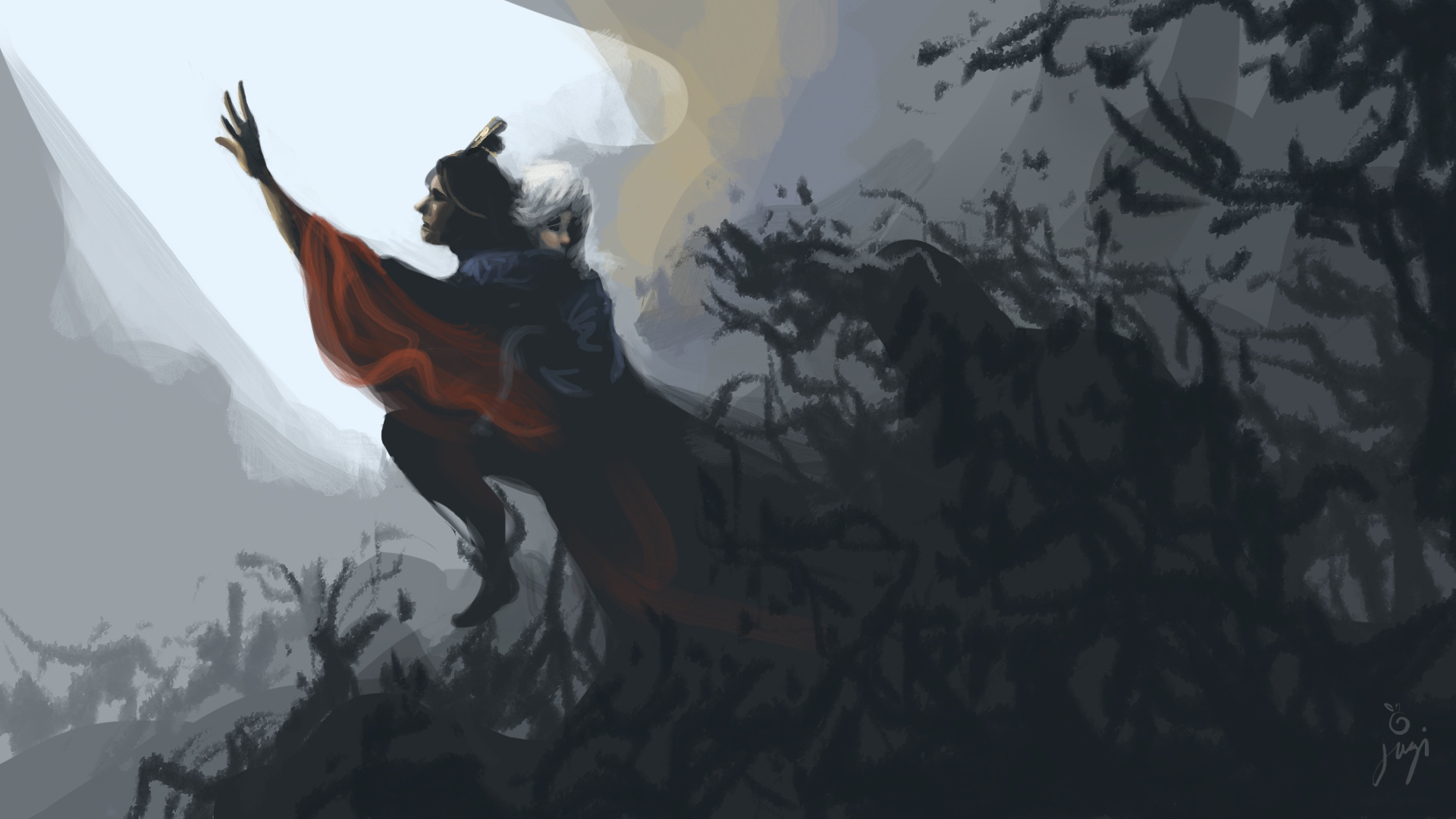 Euan, carrying Denari, reaching toward the light