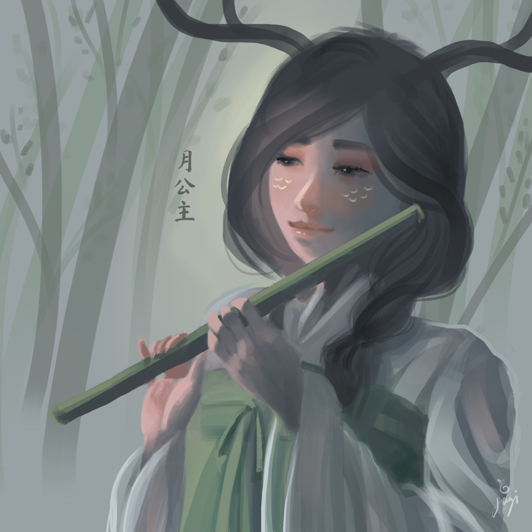 Portrait of Orannah playing a bamboo flute