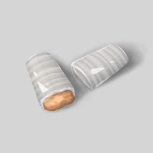 Peanut crisp candy, a sweet & grainy peanut filling coated in gray-white striped candy