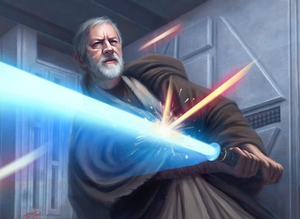 A Jedi uses a lightsaber to parry bullets