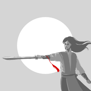 An wuxia martial artist raises his sword in the moonlight, red tassel flapping in the breeze